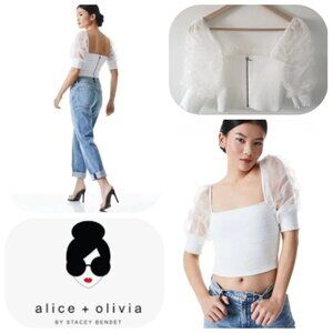 Alice + Olivia Lisbeth Smocked Bodice Silk Organza Ruffle Sleeve Crop Top XS